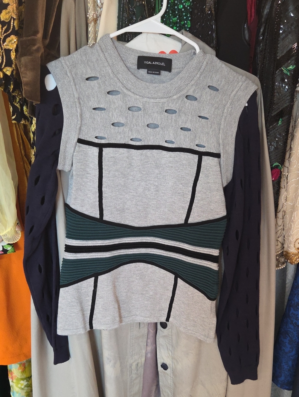 Yigal Azrouel Grey Knit Top with Navy Sleeves and Dark Green Banding